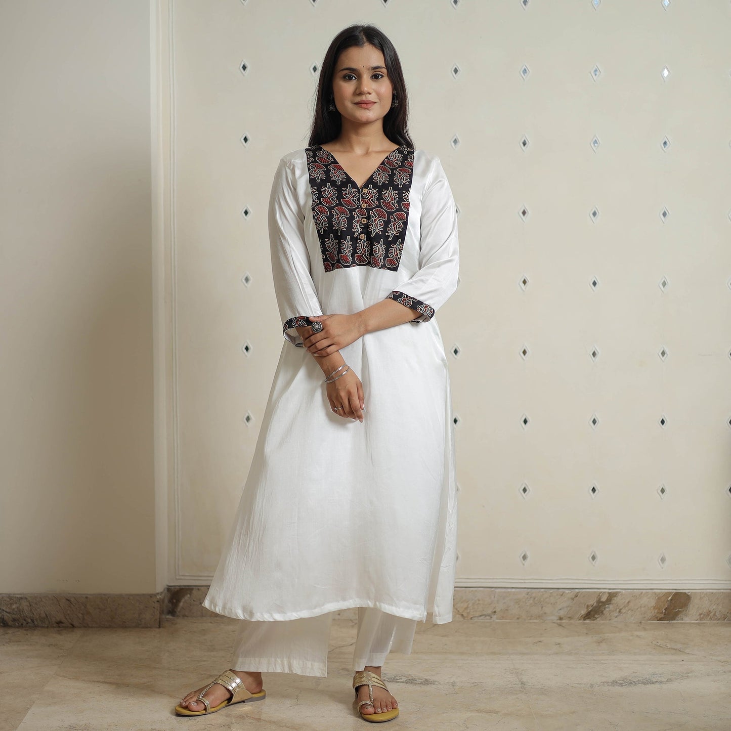 White - plain modal silk a-line kurta with patchwork 11