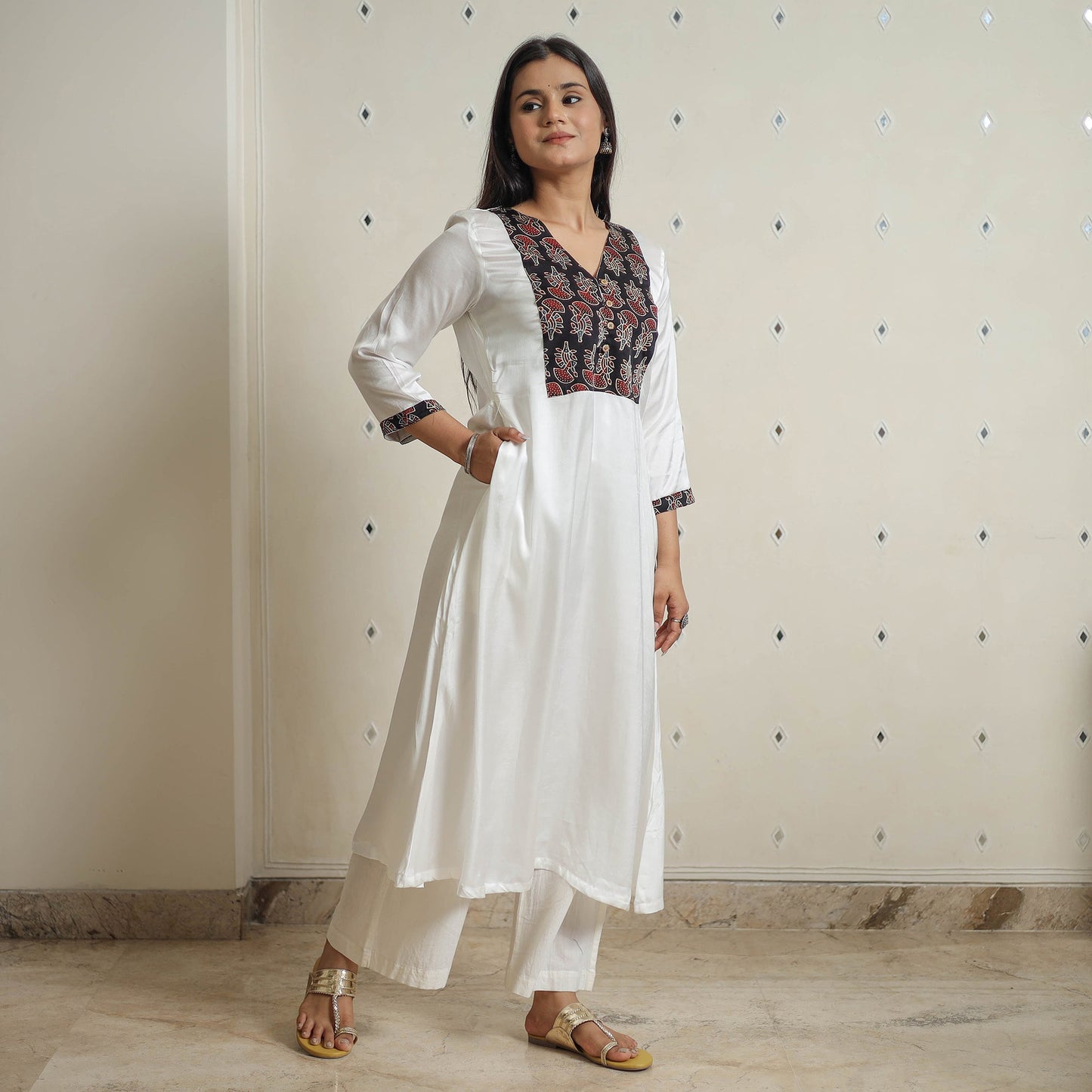 White - plain modal silk a-line kurta with patchwork 11