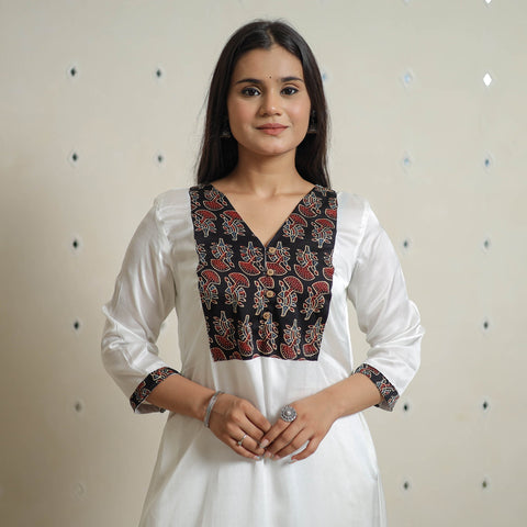 White - plain modal silk a-line kurta with patchwork 11