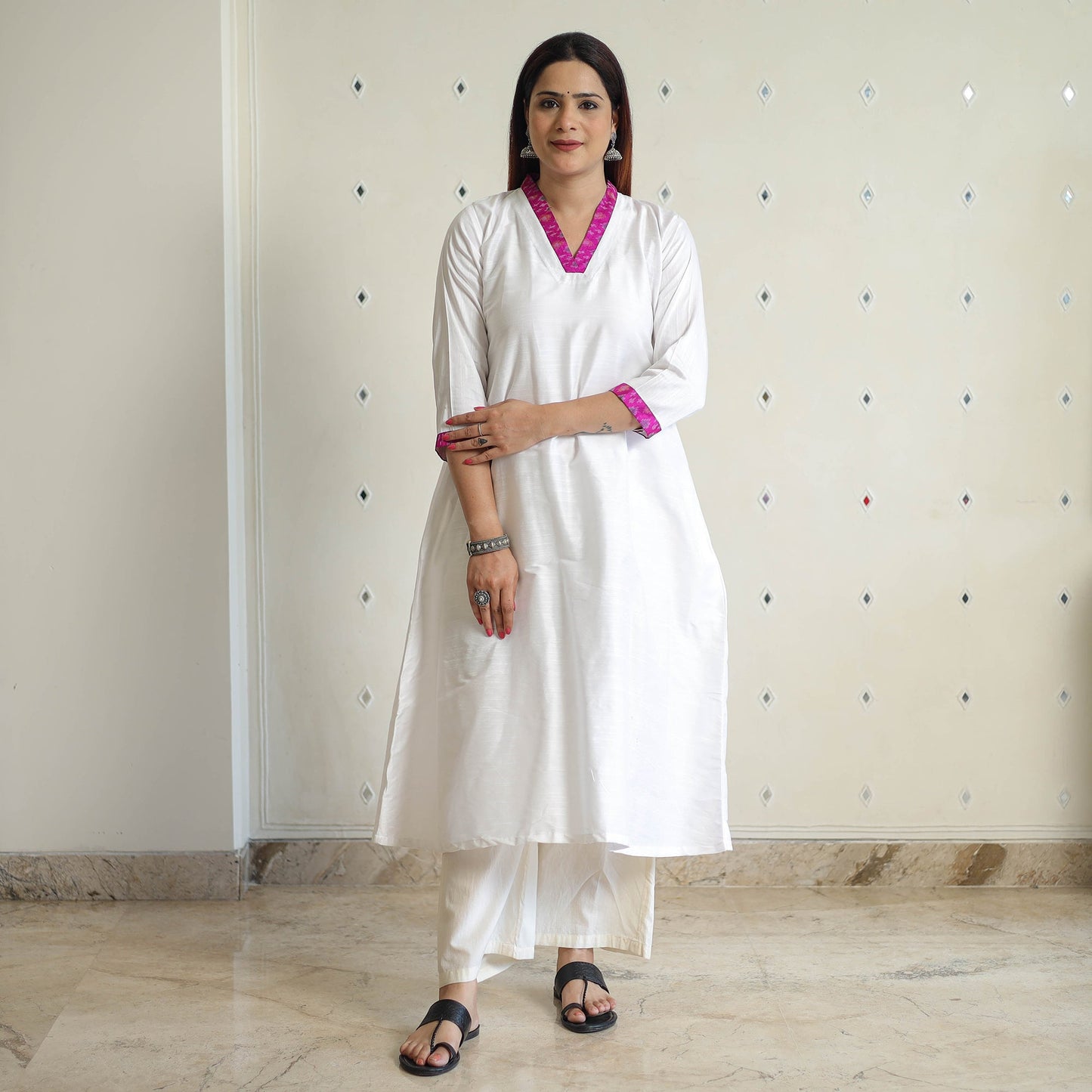 Buy Plain Solid Slub Silk A-Line Long Kurta for Women