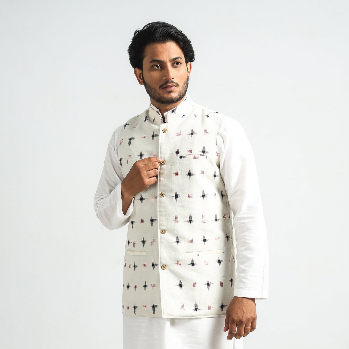 Buy Pochampally Double Ikat Handloom Cotton Men Nehru Jacket Online at iTokri.com