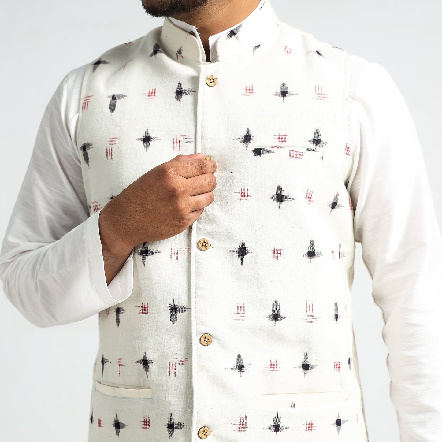 Buy Pochampally Double Ikat Handloom Cotton Men Nehru Jacket Online at iTokri.com