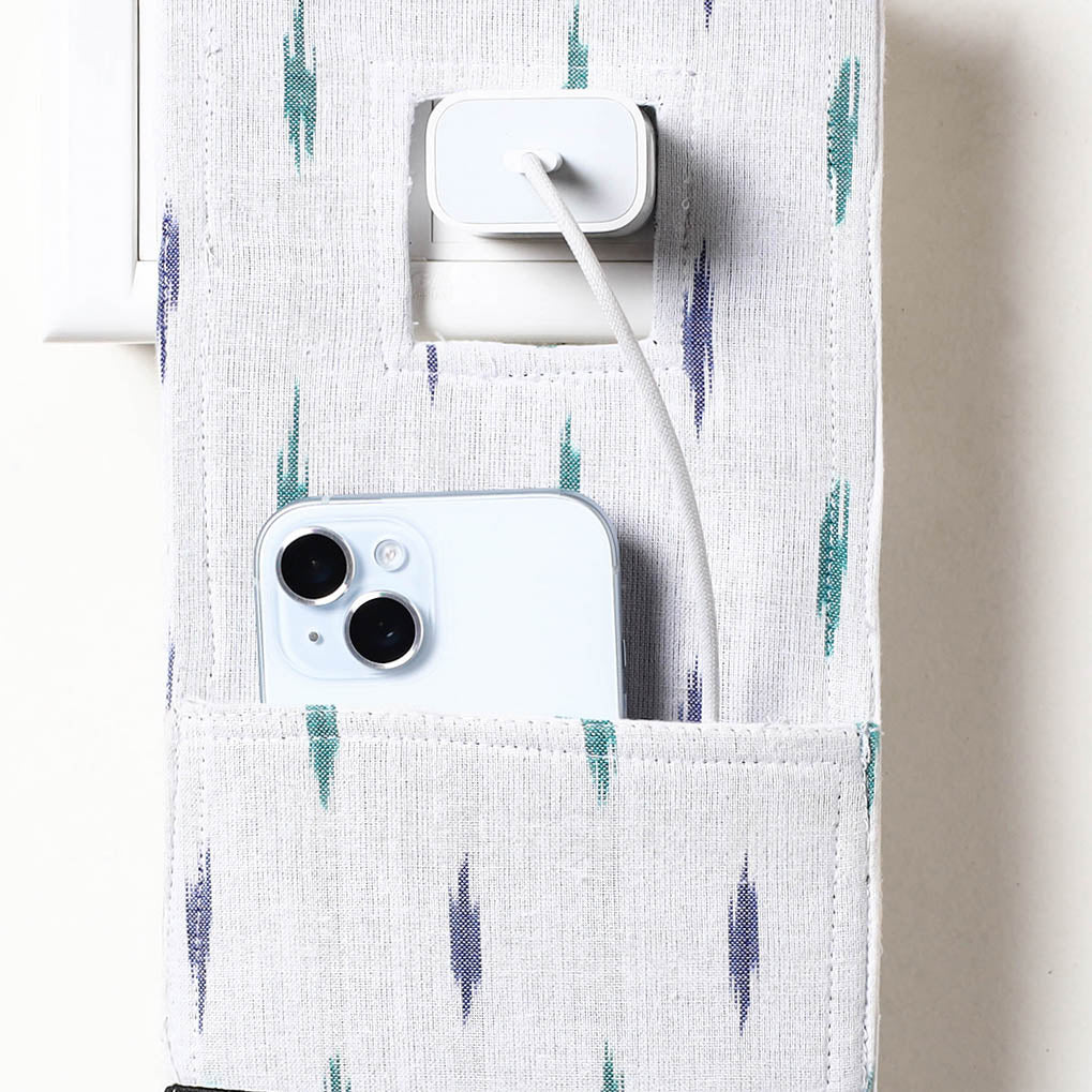 White Pochampally Ikat Cotton Mobile Charging Holder 