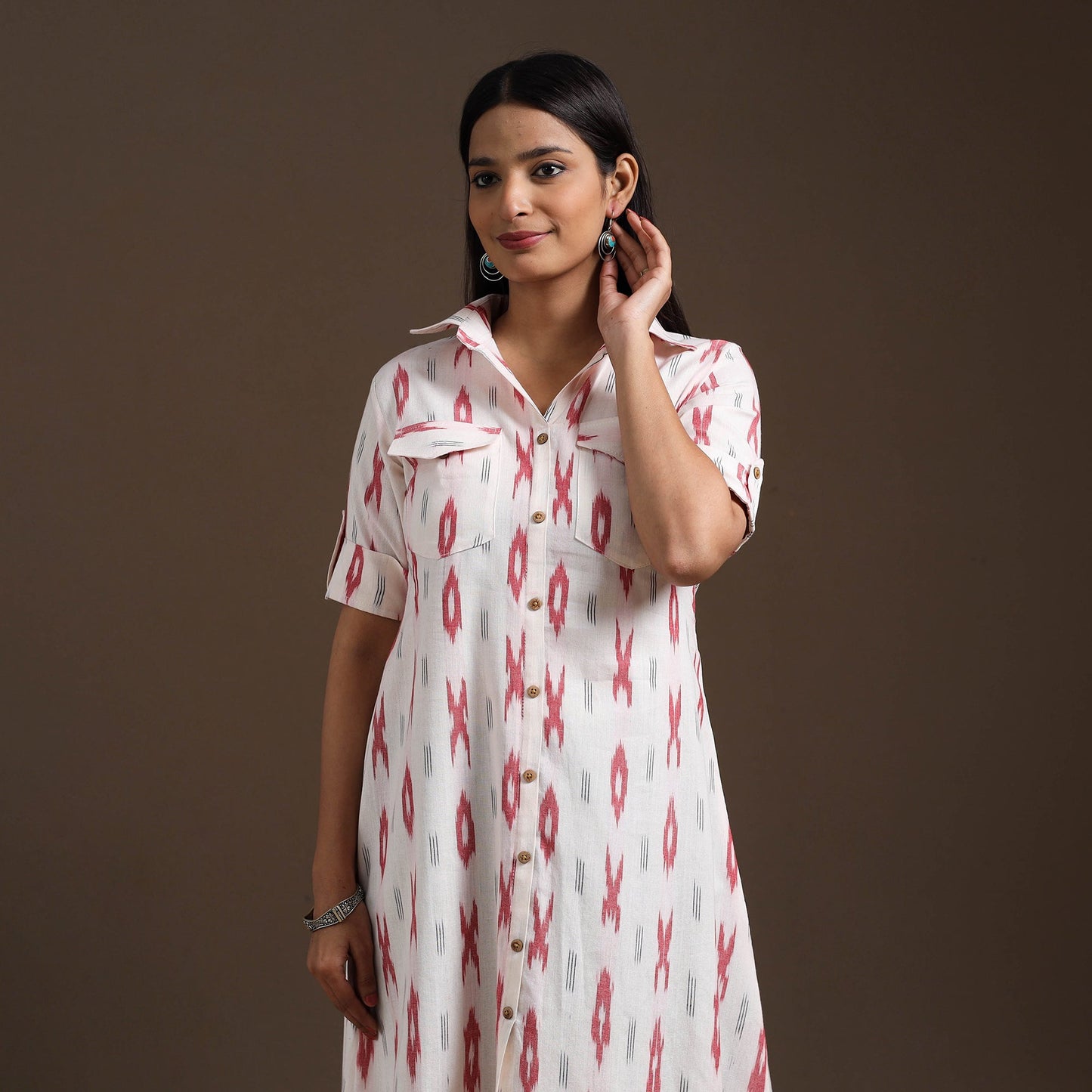 White Pochampally Ikat Cotton Shirt Midi Dress for Women