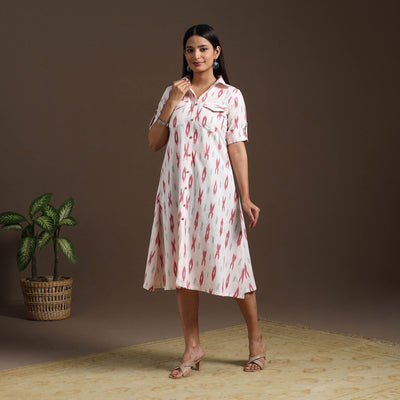White Pochampally Ikat Cotton Shirt Midi Dress for Women