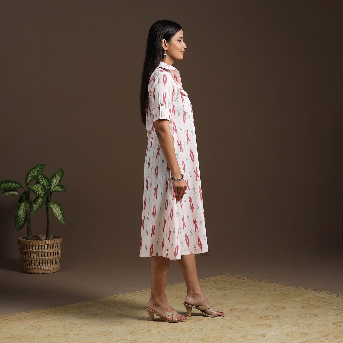 White Pochampally Ikat Cotton Shirt Midi Dress for Women