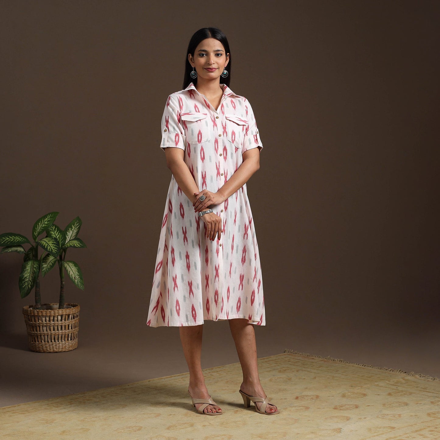 White Pochampally Ikat Cotton Shirt Midi Dress for Women