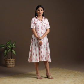 White Pochampally Ikat Cotton Shirt Midi Dress for Women