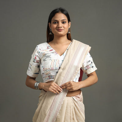 White Pochampally Ikat Patchwork Cotton Stitched Blouse