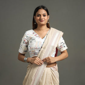 White Pochampally Ikat Patchwork Cotton Stitched Blouse