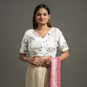 White Pochampally Ikat Patchwork Cotton Stitched Blouse