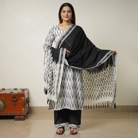 Pochampally Ikat Weave Cotton Kurta with Palazzo & Dupatta Set 01 