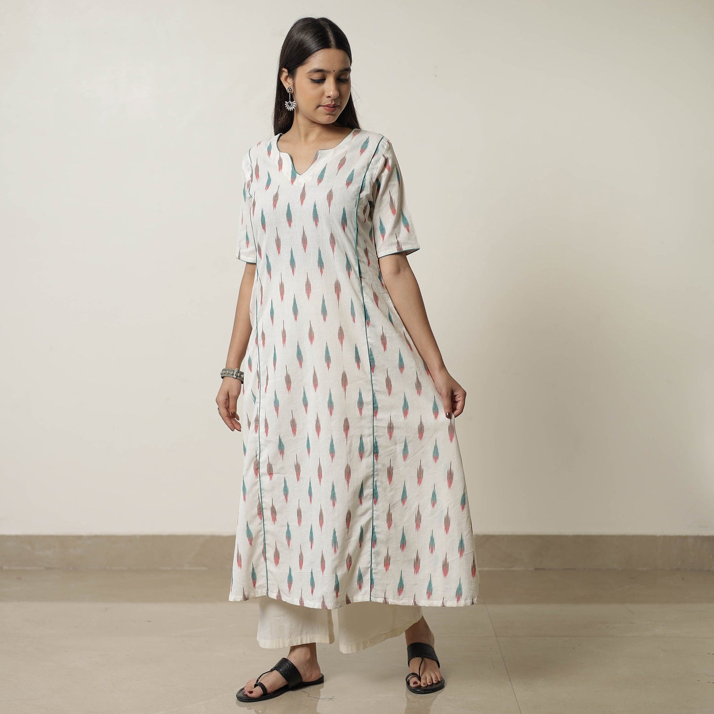  Pochampally Ikat Weave Cotton A-Line Kurta for Women