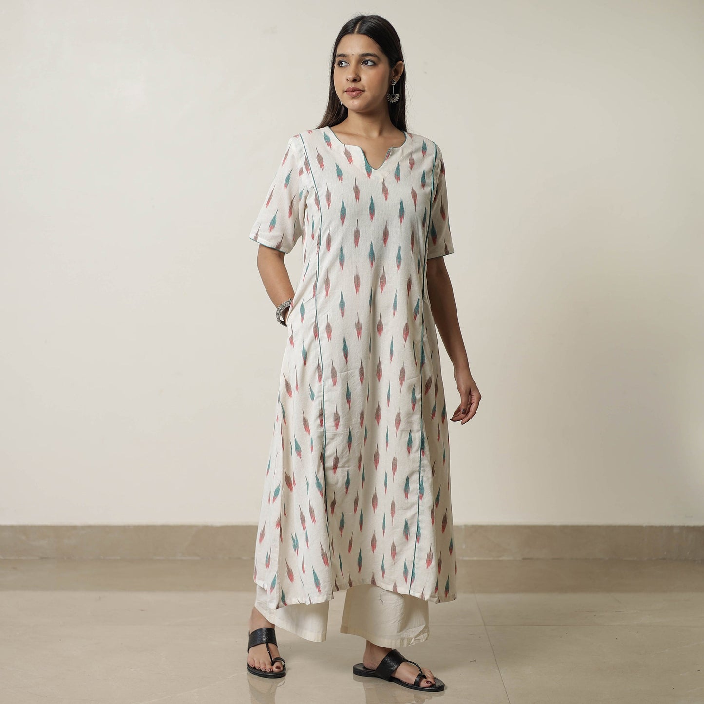  Pochampally Ikat Weave Cotton A-Line Kurta for Women
