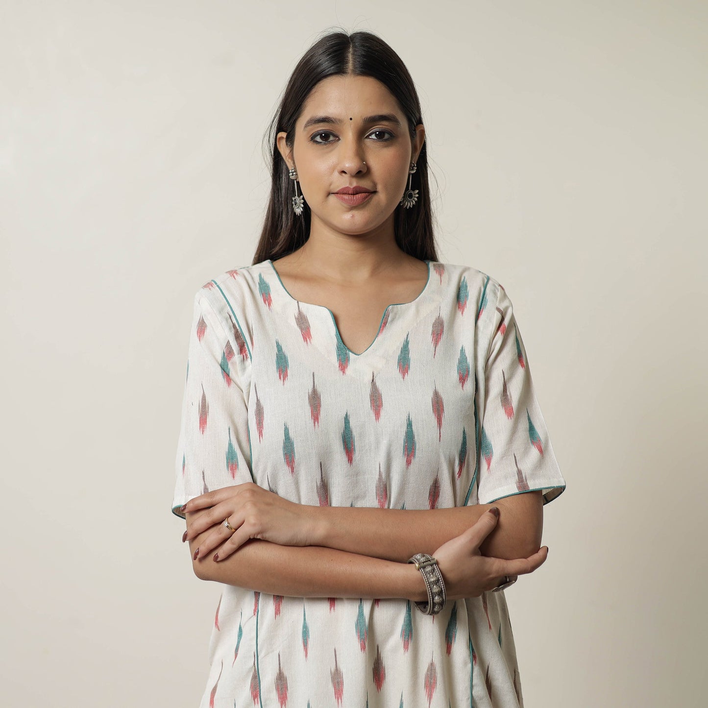  Pochampally Ikat Weave Cotton A-Line Kurta for Women