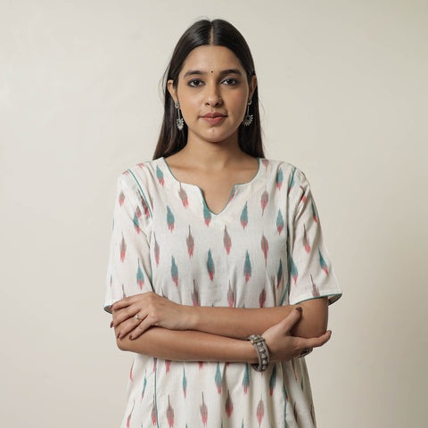  Pochampally Ikat Weave Cotton A-Line Kurta for Women
