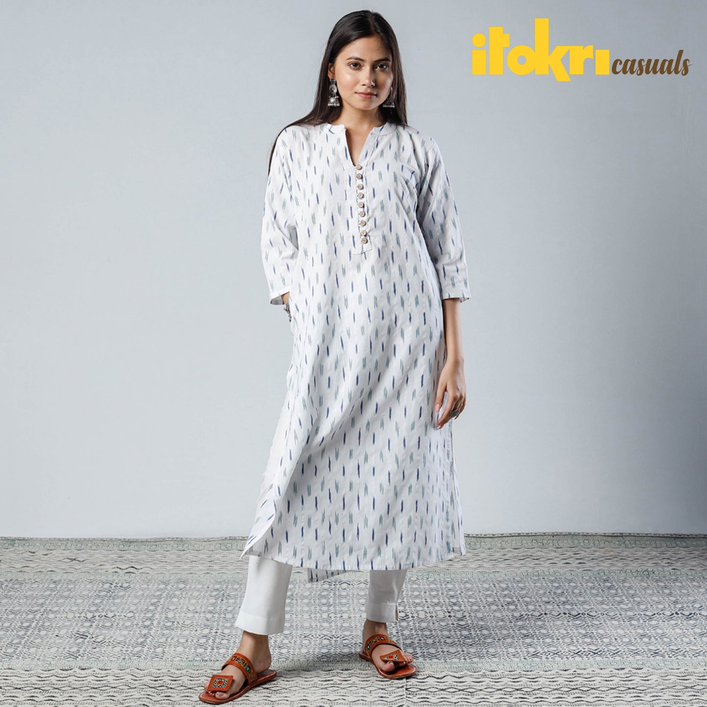  Pochampally Ikat Weave Cotton Long Kurta for Women