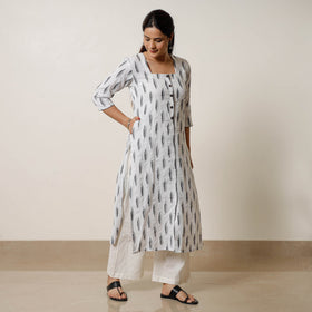 White Pochampally Ikat Weave Cotton Long Straight Kurta