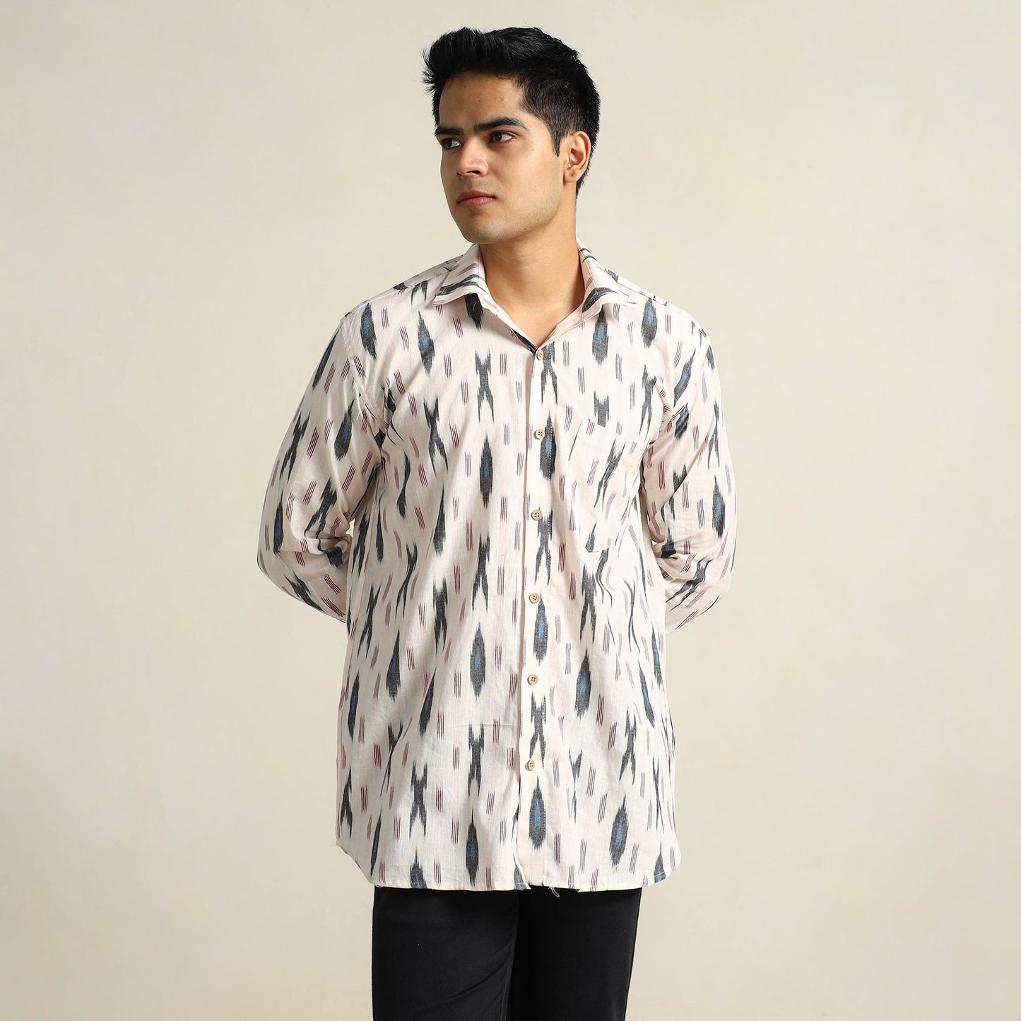 White Pochampally Ikat Weave Cotton Men Full Sleeve Shirt