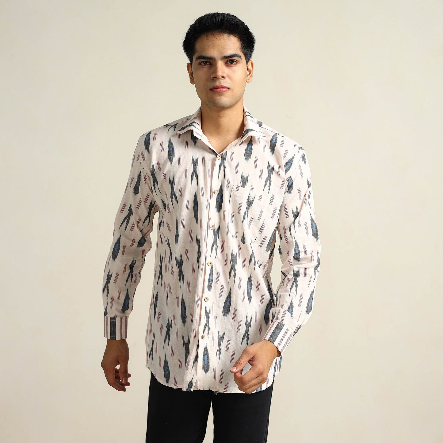 White Pochampally Ikat Weave Cotton Men Full Sleeve Shirt