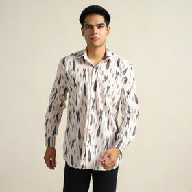 White Pochampally Ikat Weave Cotton Men Full Sleeve Shirt