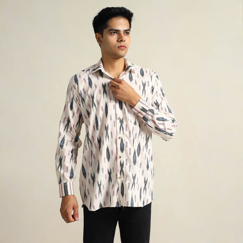 White Pochampally Ikat Weave Cotton Men Full Sleeve Shirt