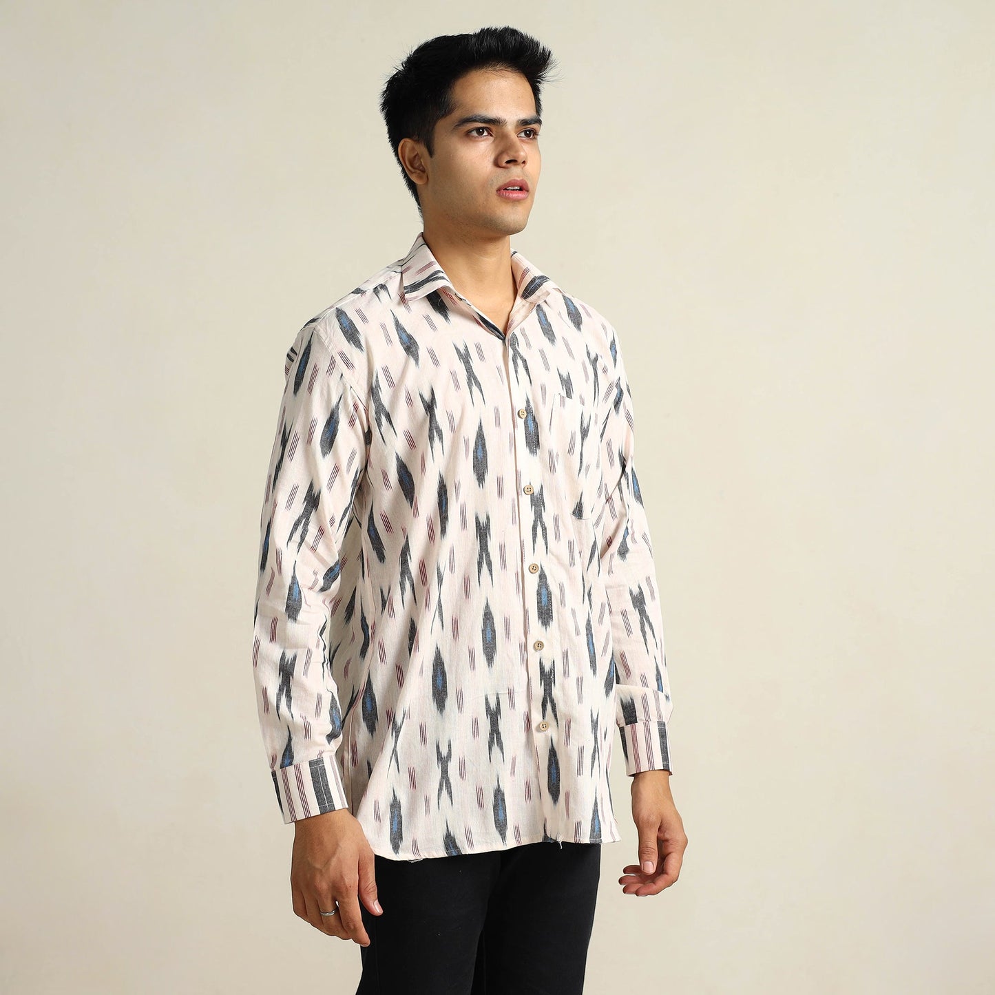 White Pochampally Ikat Weave Cotton Men Full Sleeve Shirt