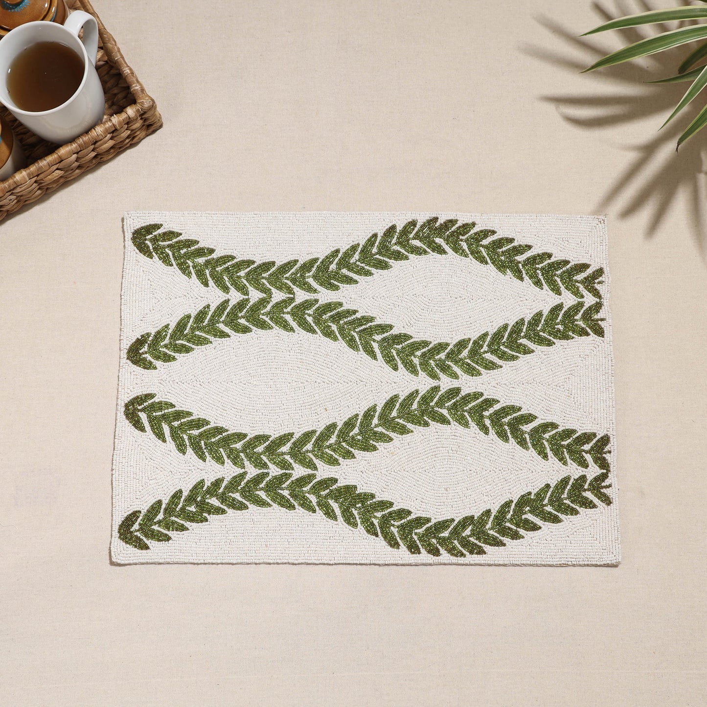  White Premium Bead Work Handcrafted Table Mat (17 x 12 in)