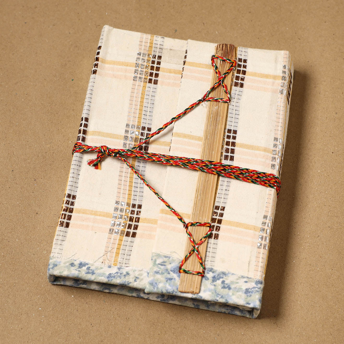 Printed fabric cover handmade paper notebook with thread