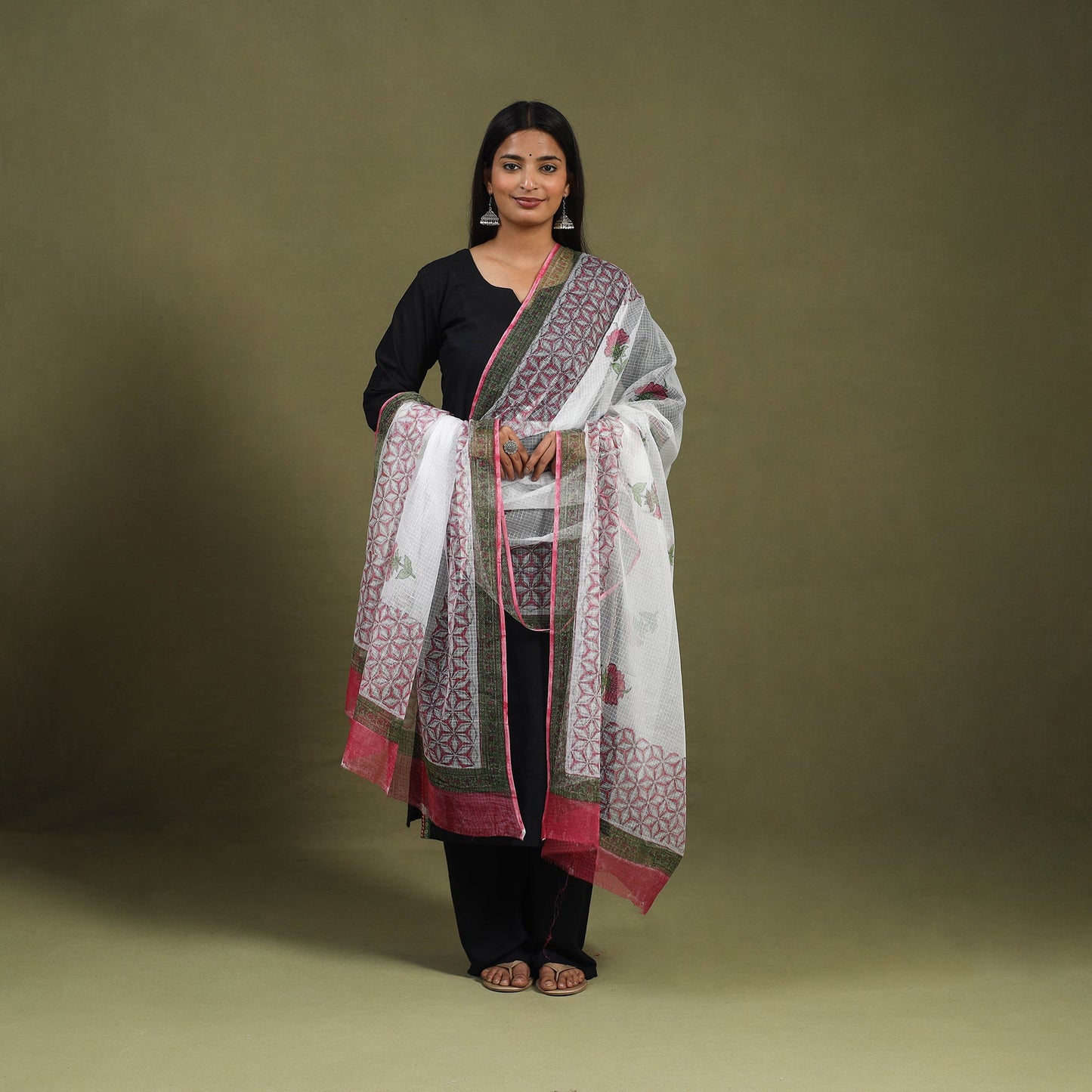  White Block Printed Kota Doria Cotton Sanganeri Dupatta