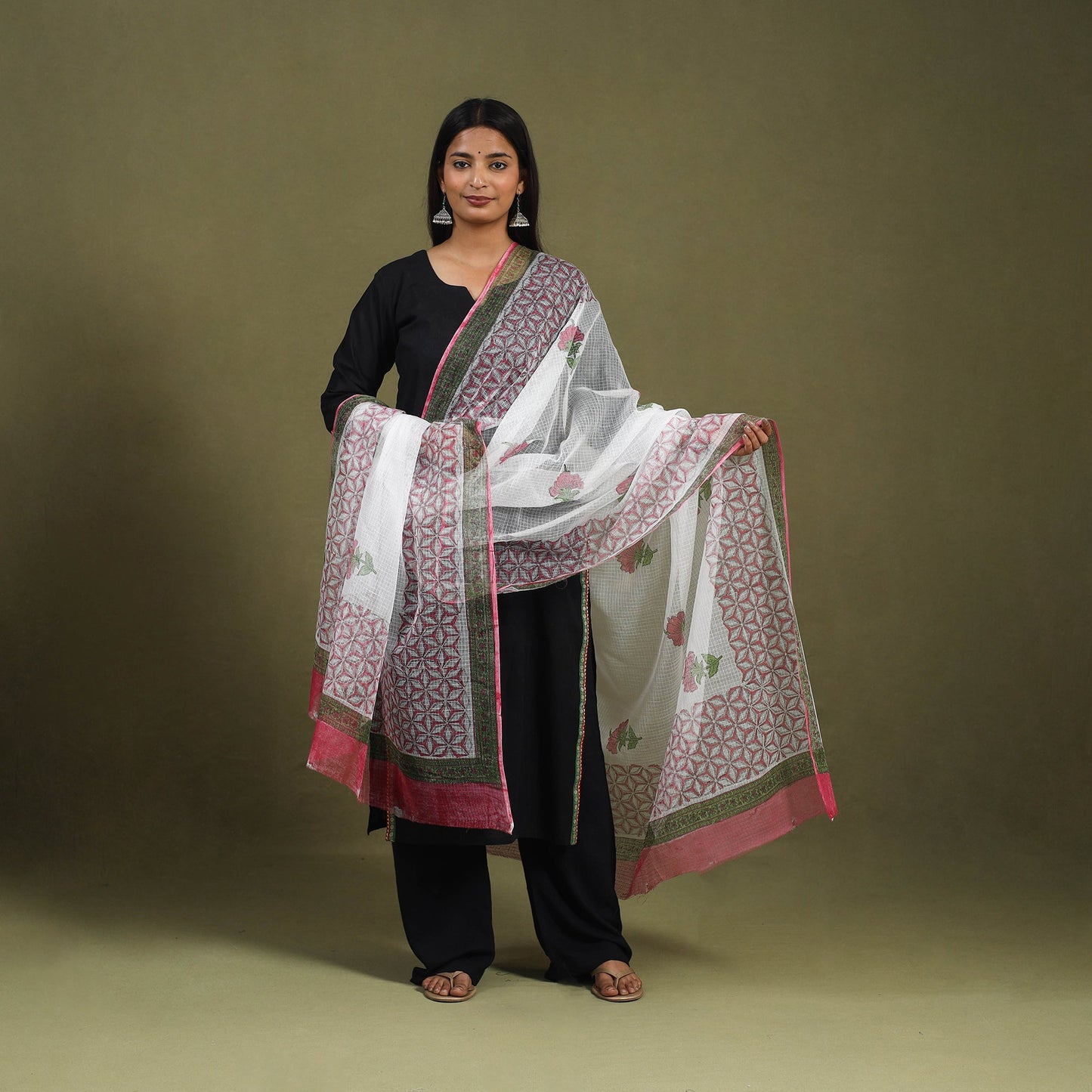  White Block Printed Kota Doria Cotton Sanganeri Dupatta