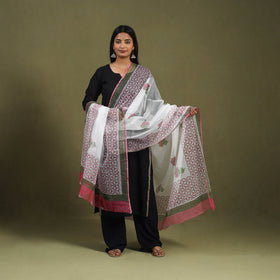  White Block Printed Kota Doria Cotton Sanganeri Dupatta