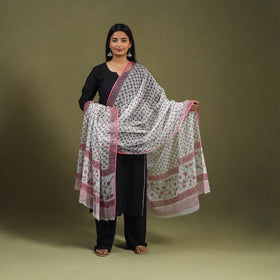 Buy White Block Printed Kota Doria Cotton Sanganeri Dupatta