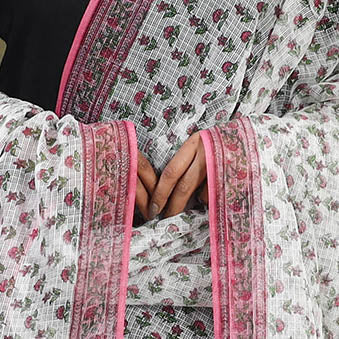 Buy White Block Printed Kota Doria Cotton Sanganeri Dupatta