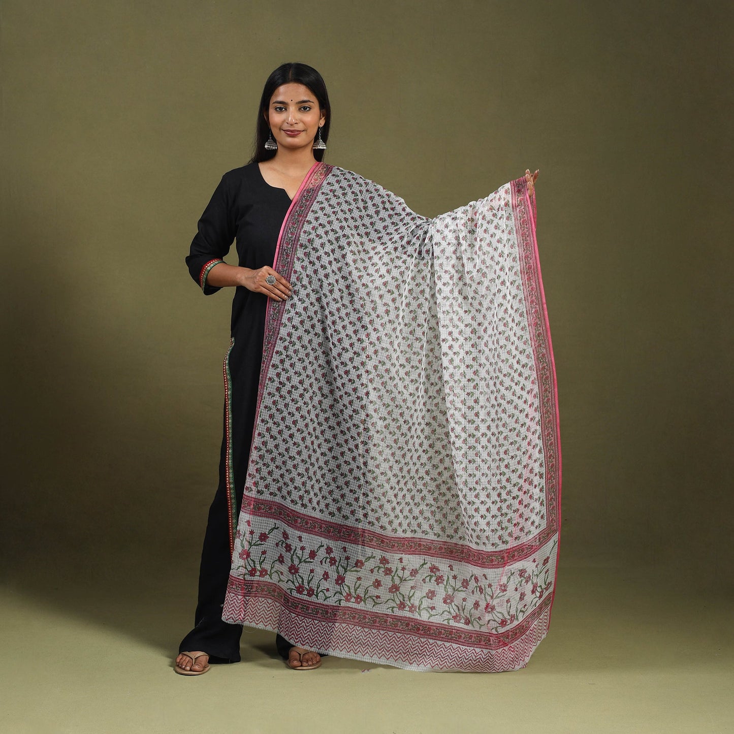Buy White Block Printed Kota Doria Cotton Sanganeri Dupatta