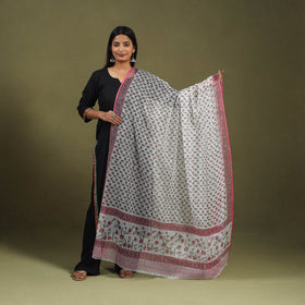 Buy White Block Printed Kota Doria Cotton Sanganeri Dupatta