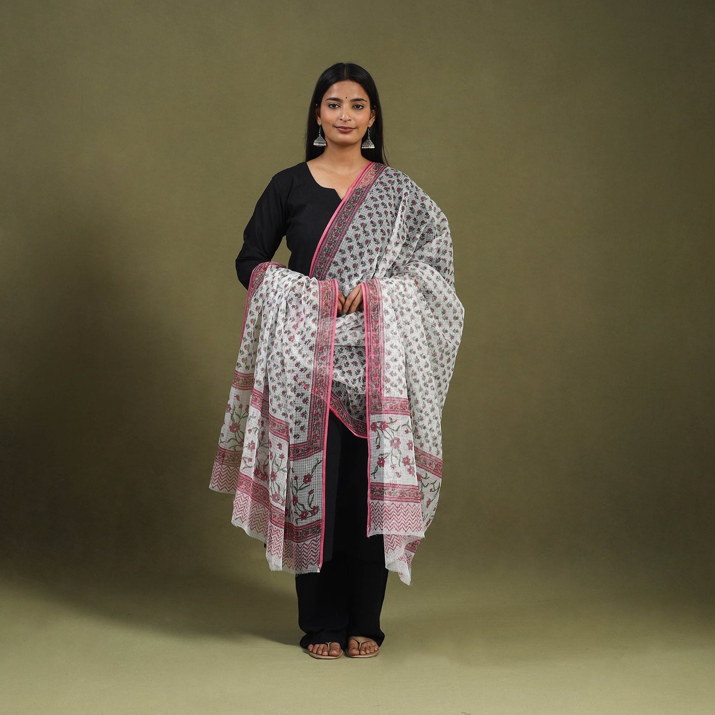 Buy White Block Printed Kota Doria Cotton Sanganeri Dupatta