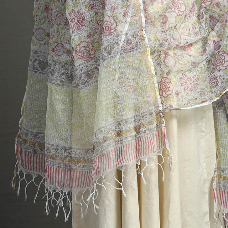 White - Block Printed Kota Doria Cotton Sanganeri Dupatta 46
