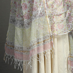 White - Block Printed Kota Doria Cotton Sanganeri Dupatta 46