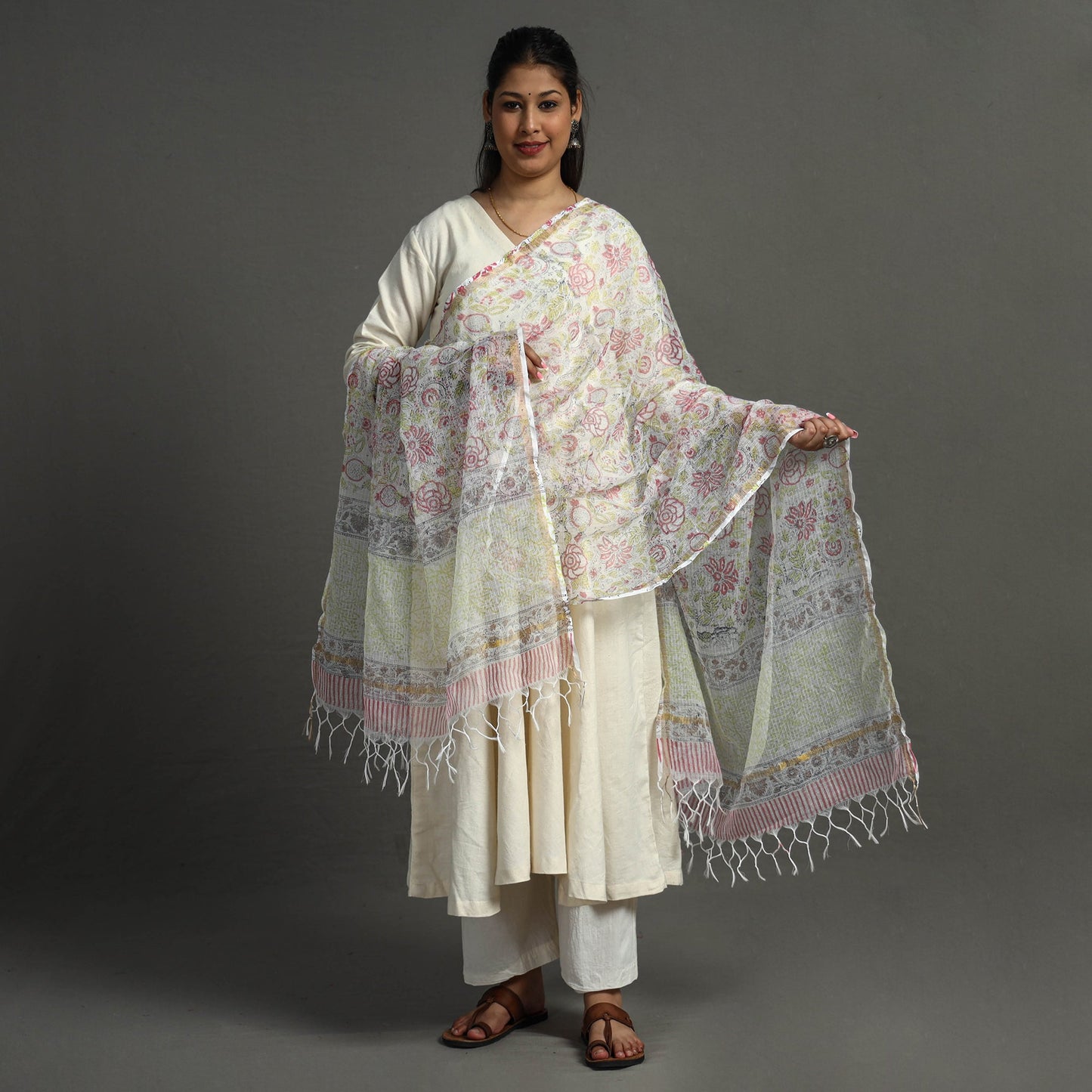 White - Block Printed Kota Doria Cotton Sanganeri Dupatta 46