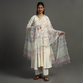 White - Block Printed Kota Doria Cotton Sanganeri Dupatta 46