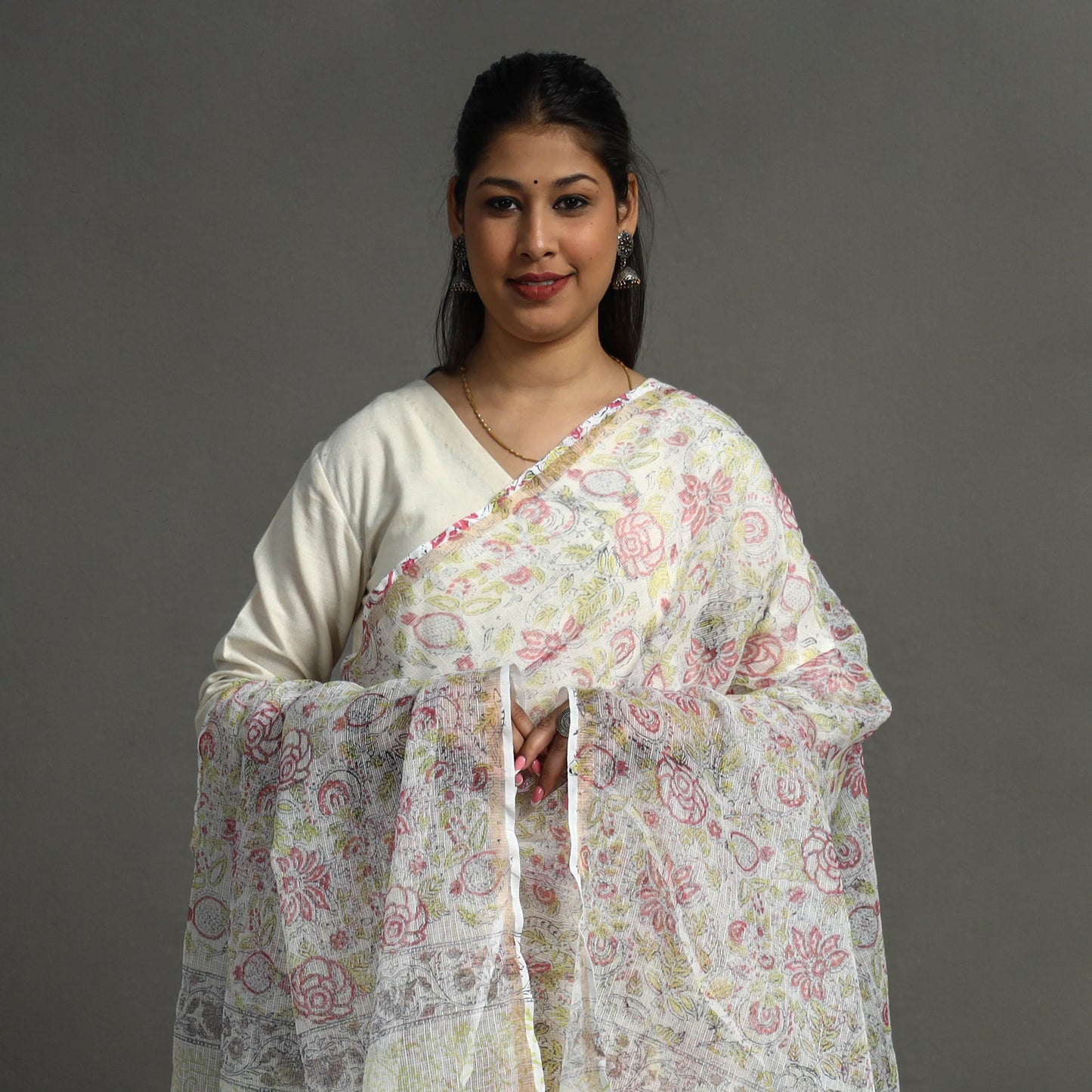 White - Block Printed Kota Doria Cotton Sanganeri Dupatta 46