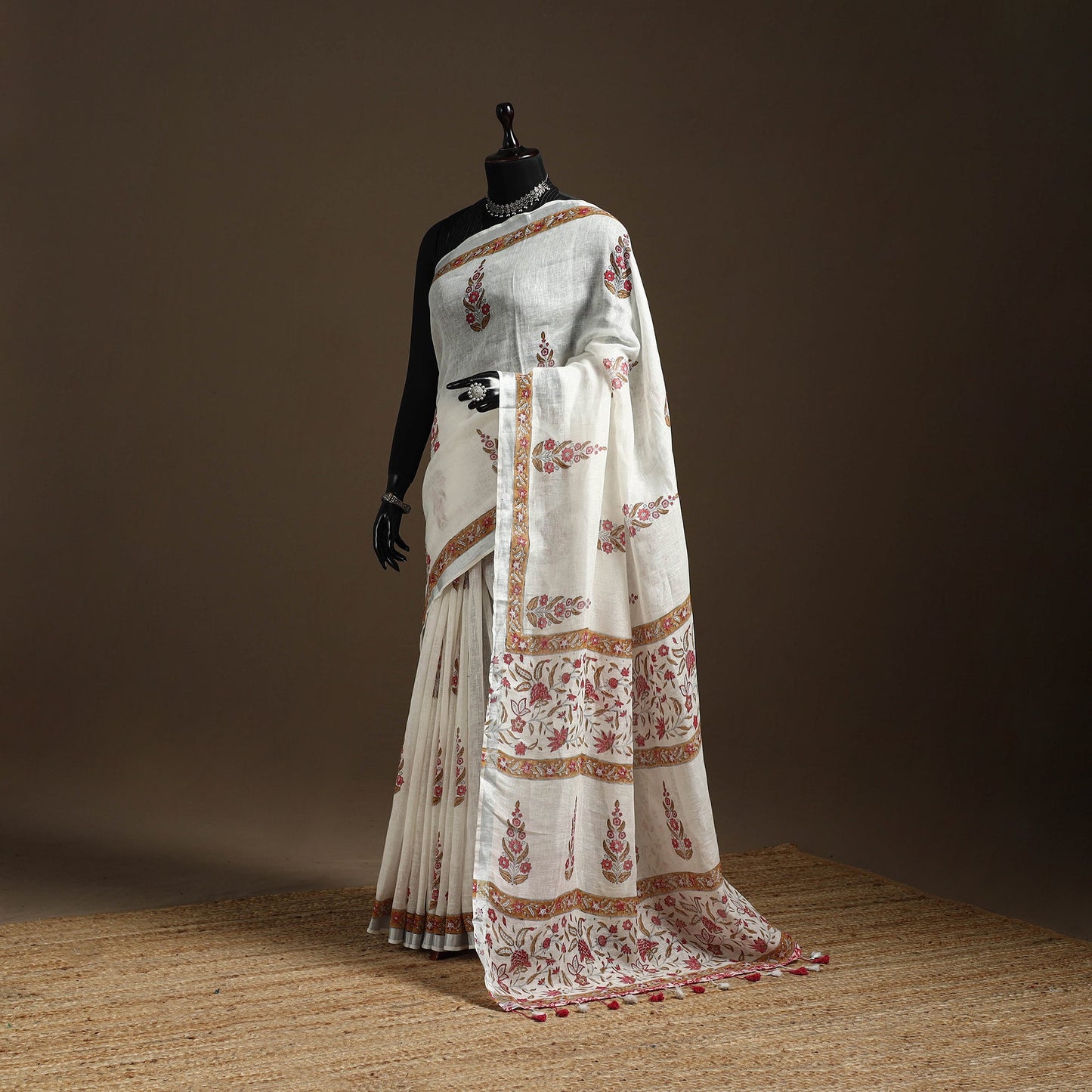 White - printed linen handloom sanganeri saree - handcrafted
