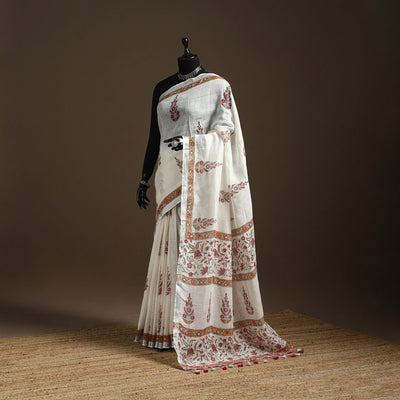 White - printed linen handloom sanganeri saree - handcrafted