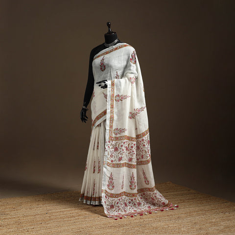White - printed linen handloom sanganeri saree - handcrafted