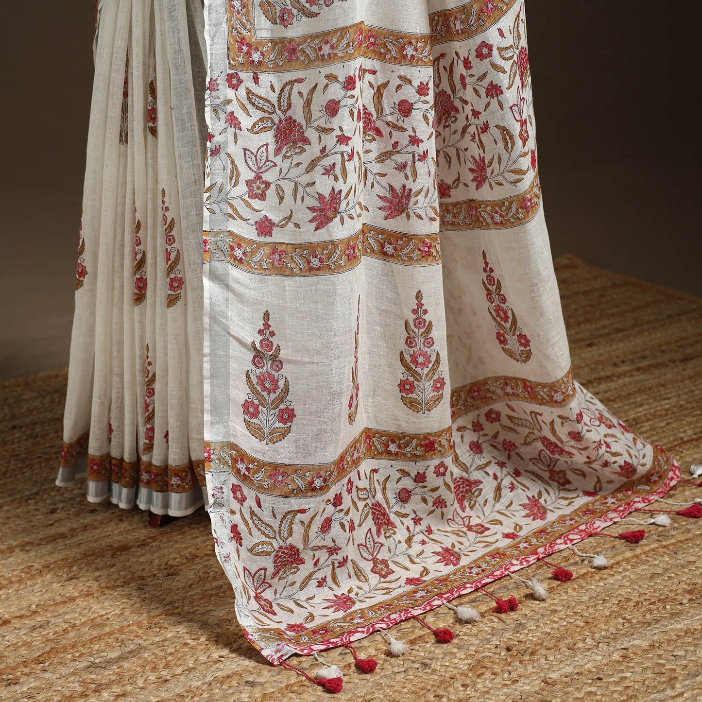 White - printed linen handloom sanganeri saree - handcrafted