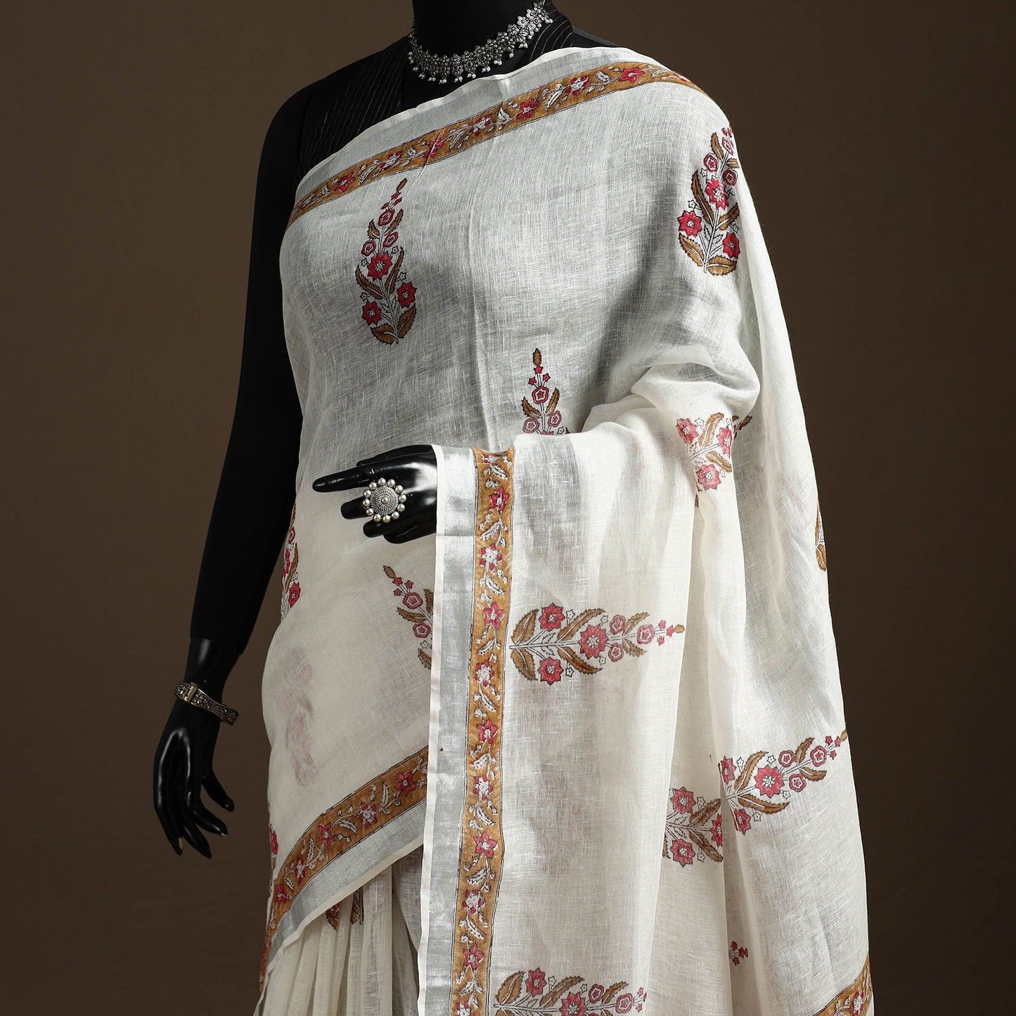 White - printed linen handloom sanganeri saree - handcrafted