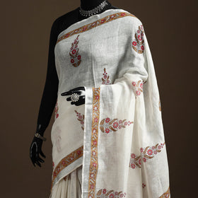 White - printed linen handloom sanganeri saree - handcrafted