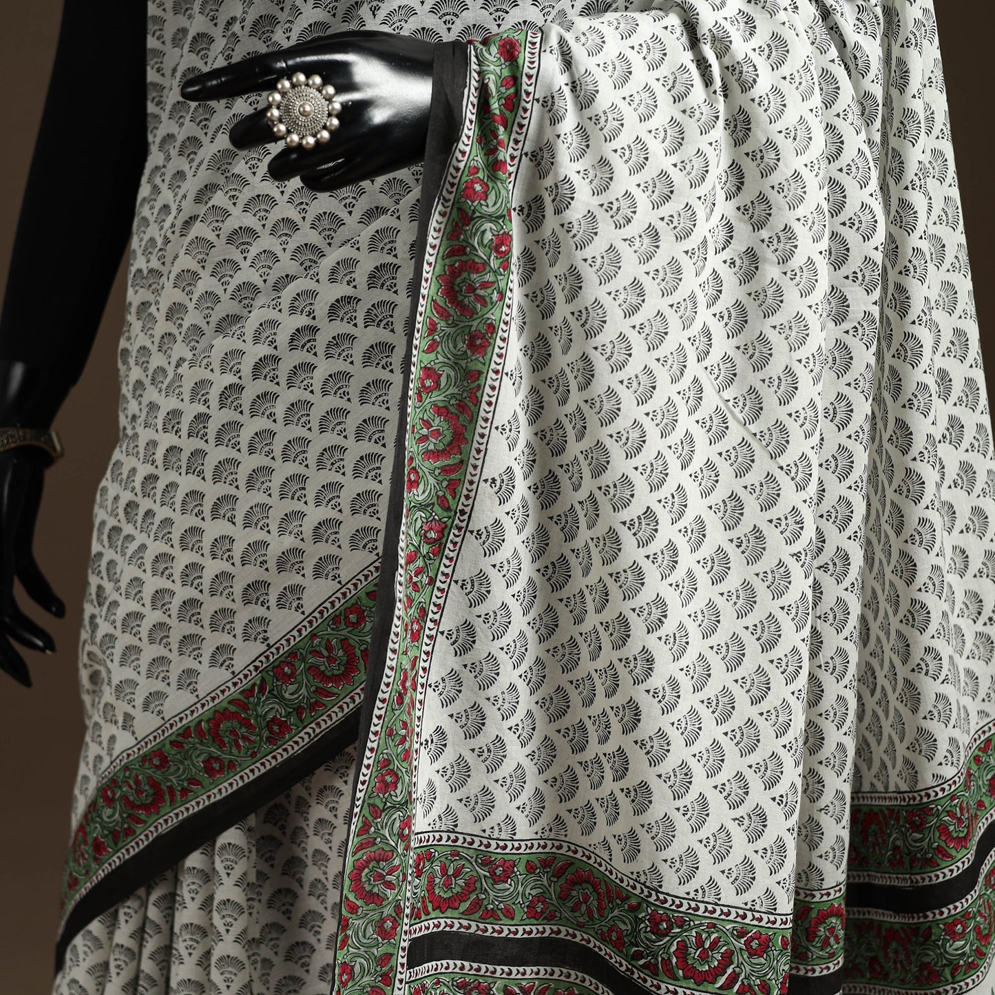White - printed mul cotton sanganeri saree - handcrafted