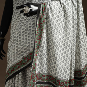 White - printed mul cotton sanganeri saree - handcrafted